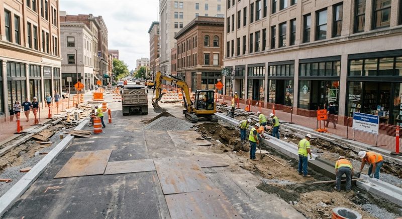 Crews rebuilding a downtown street lined with brick storefronts