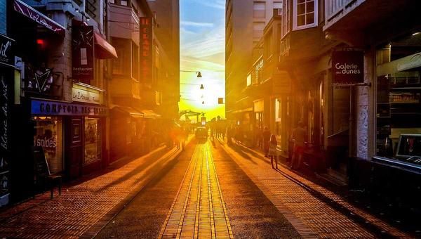 Sunrise over a downtown street