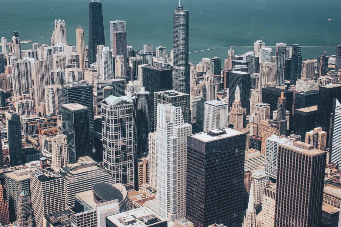 Aerial view of Lakeview's downtown and neighborhoods